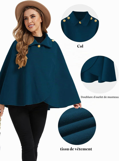 Cape châle femme hiver, fausse fourrure col à revers boutons vintage