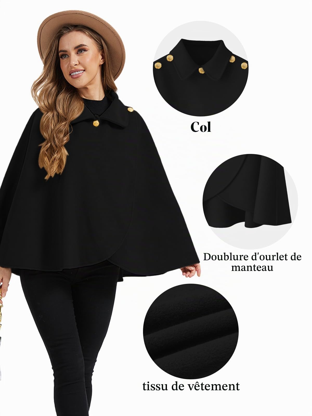 Cape châle femme hiver, fausse fourrure col à revers boutons vintage