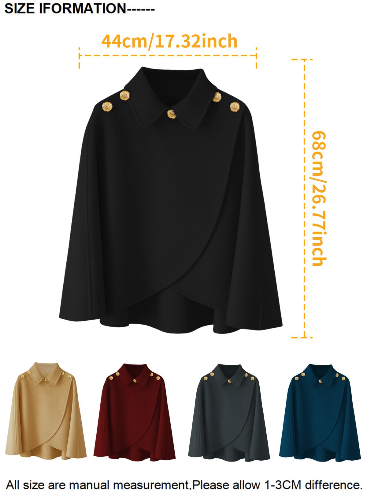 Cape châle femme hiver, fausse fourrure col à revers boutons vintage