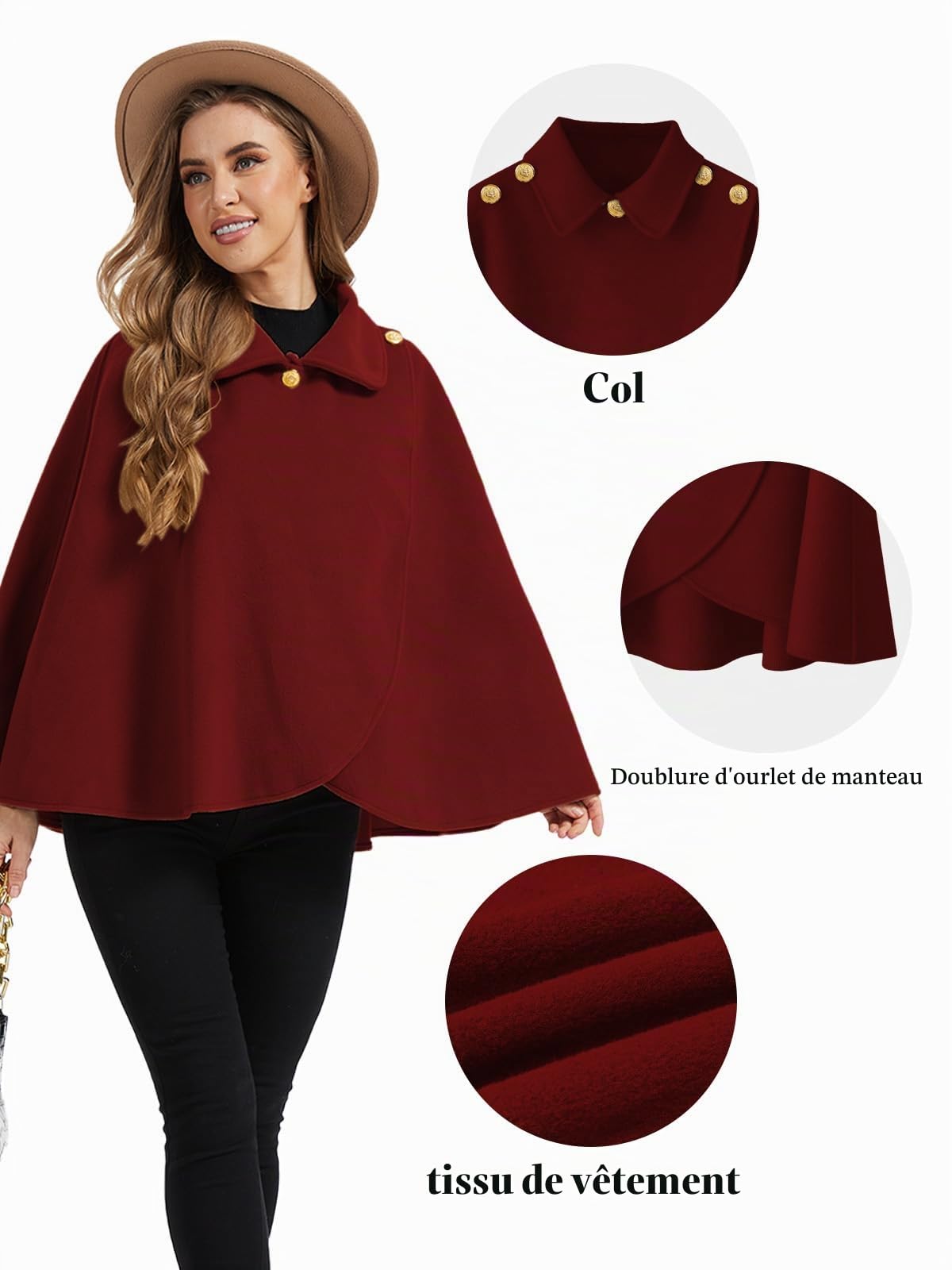 Cape châle femme hiver, fausse fourrure col à revers boutons vintage