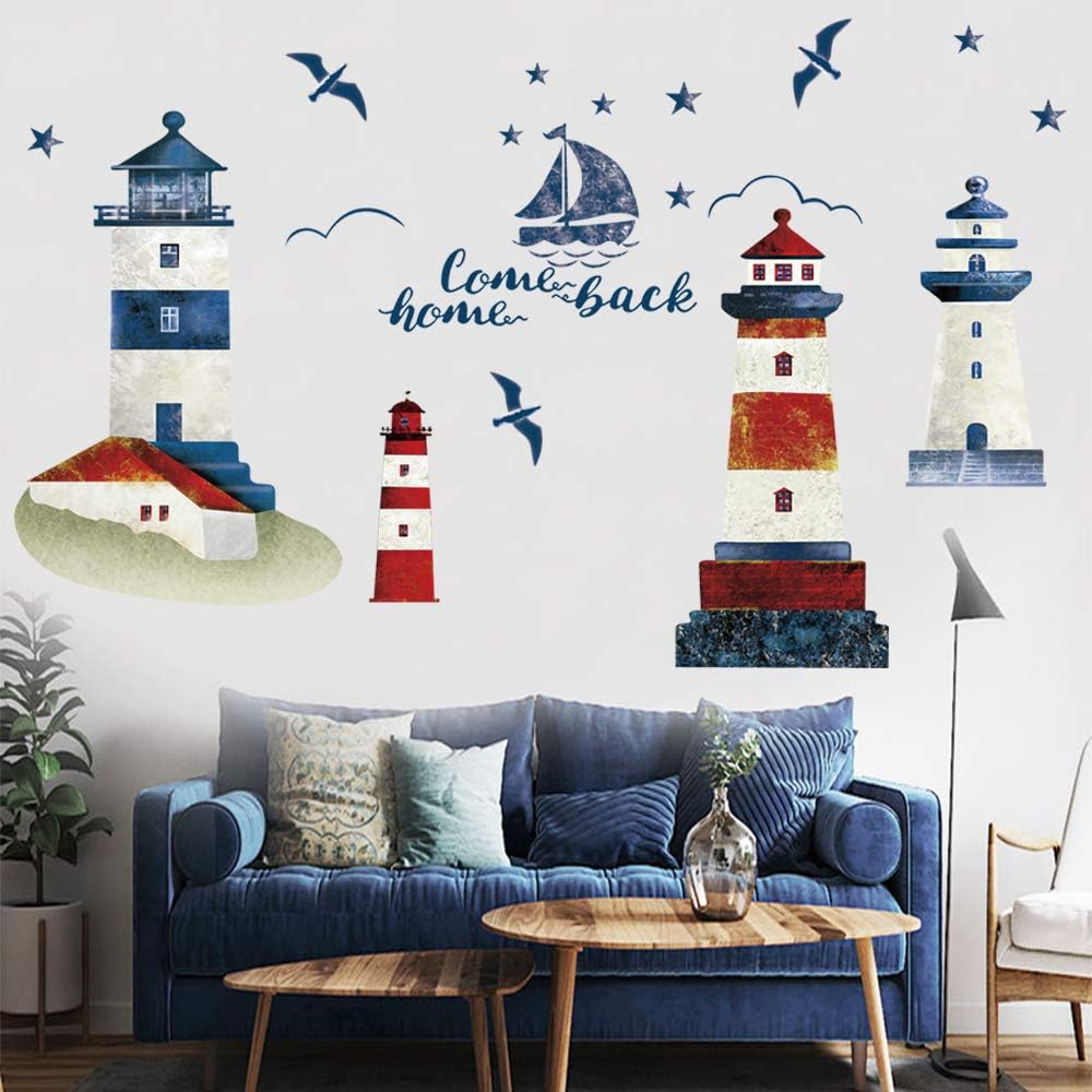 Stickers muraux phare et voilier, thème nautique