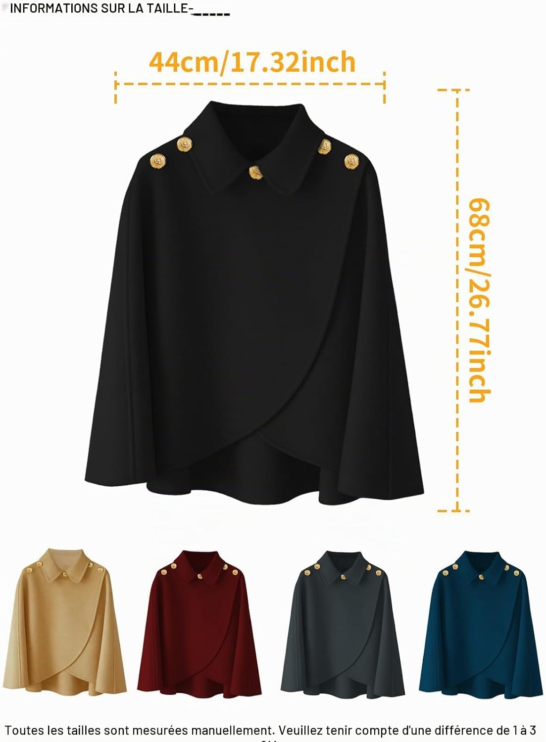 Cape châle femme hiver, fausse fourrure col à revers boutons vintage
