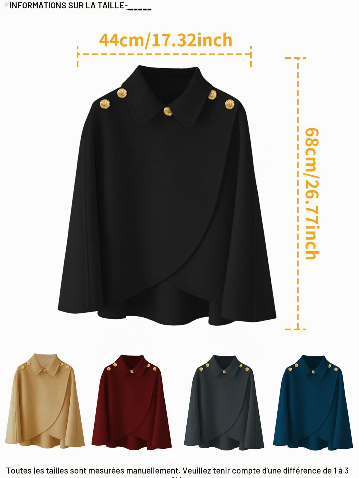 Cape châle femme hiver, fausse fourrure col à revers boutons vintage