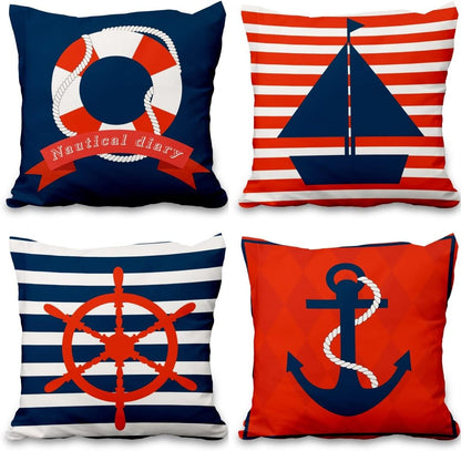 Lot de quatre housses de coussin nautiques effet lin