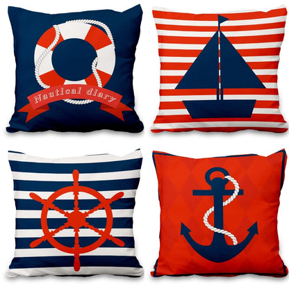 Lot de quatre housses de coussin nautiques effet lin