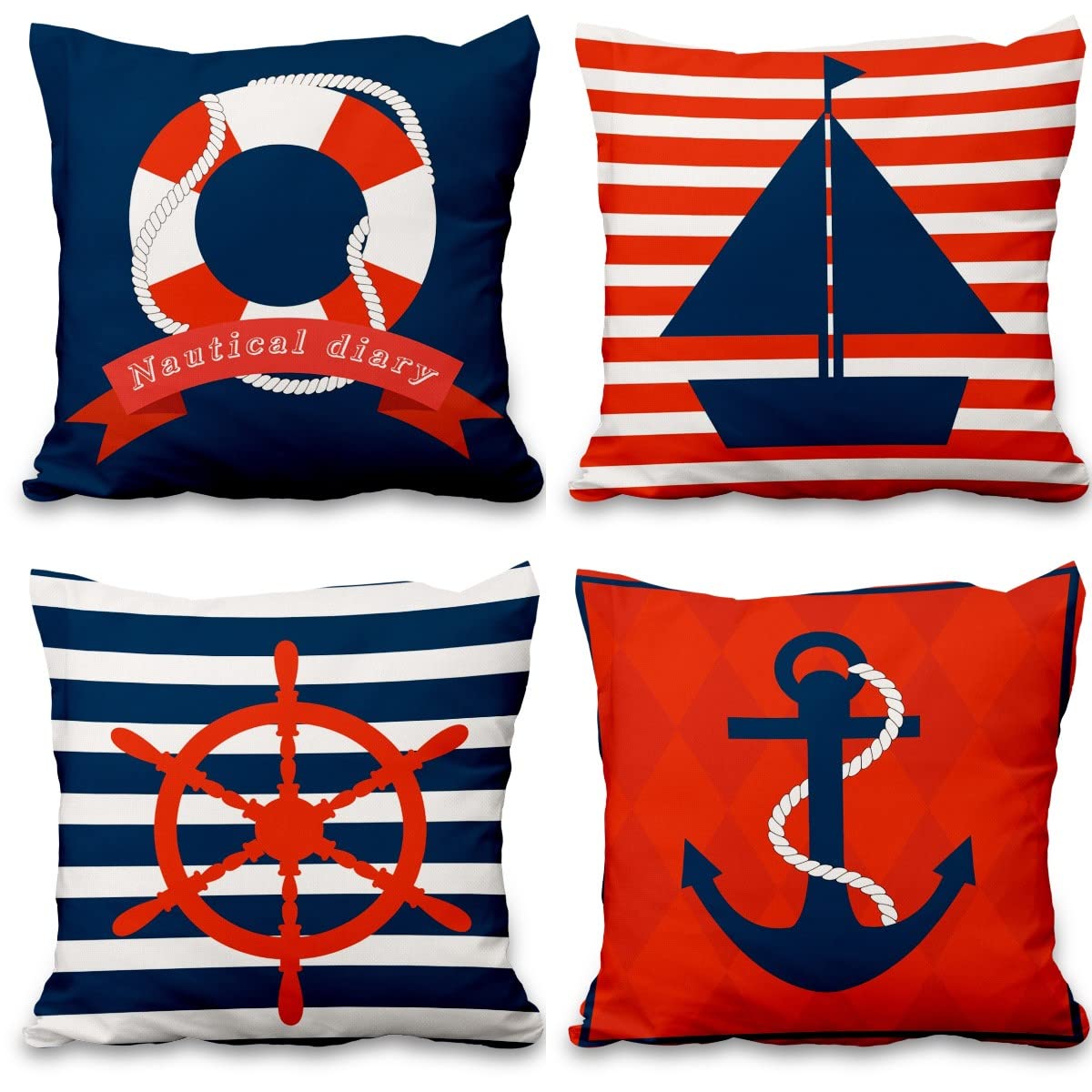 Lot de quatre housses de coussin nautiques effet lin