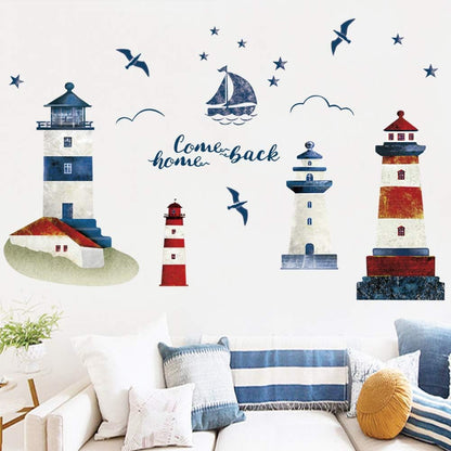 Stickers muraux phare et voilier, thème nautique