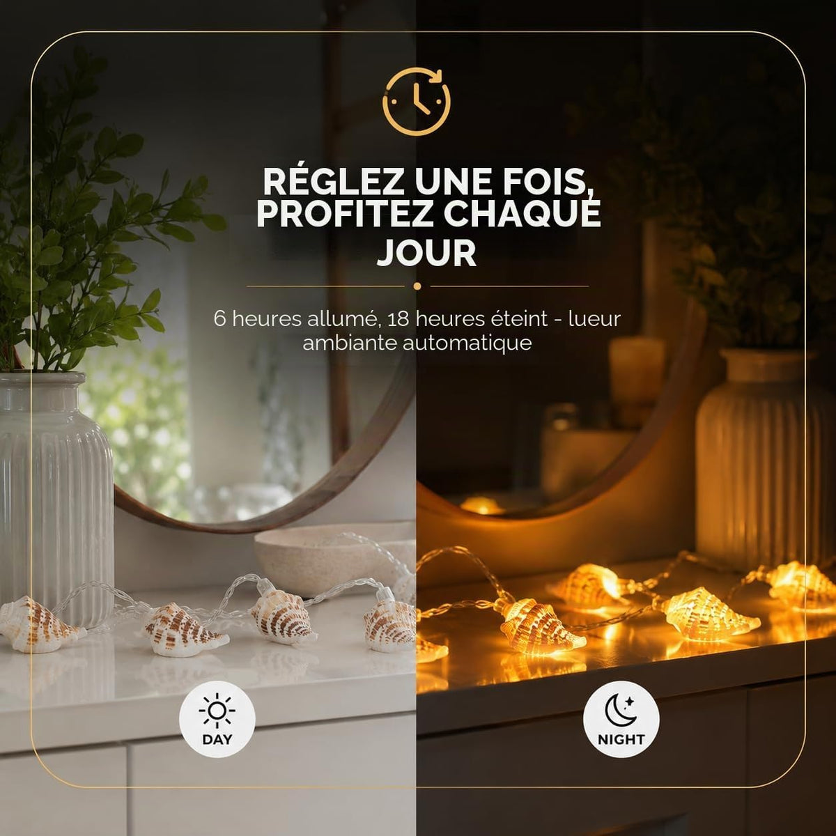 Guirlande lumineuse aux coquillages naturels — 10 LED blanc chaud, 1,50 m
