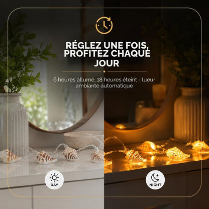 Guirlande lumineuse aux coquillages naturels — 10 LED blanc chaud, 1,50 m