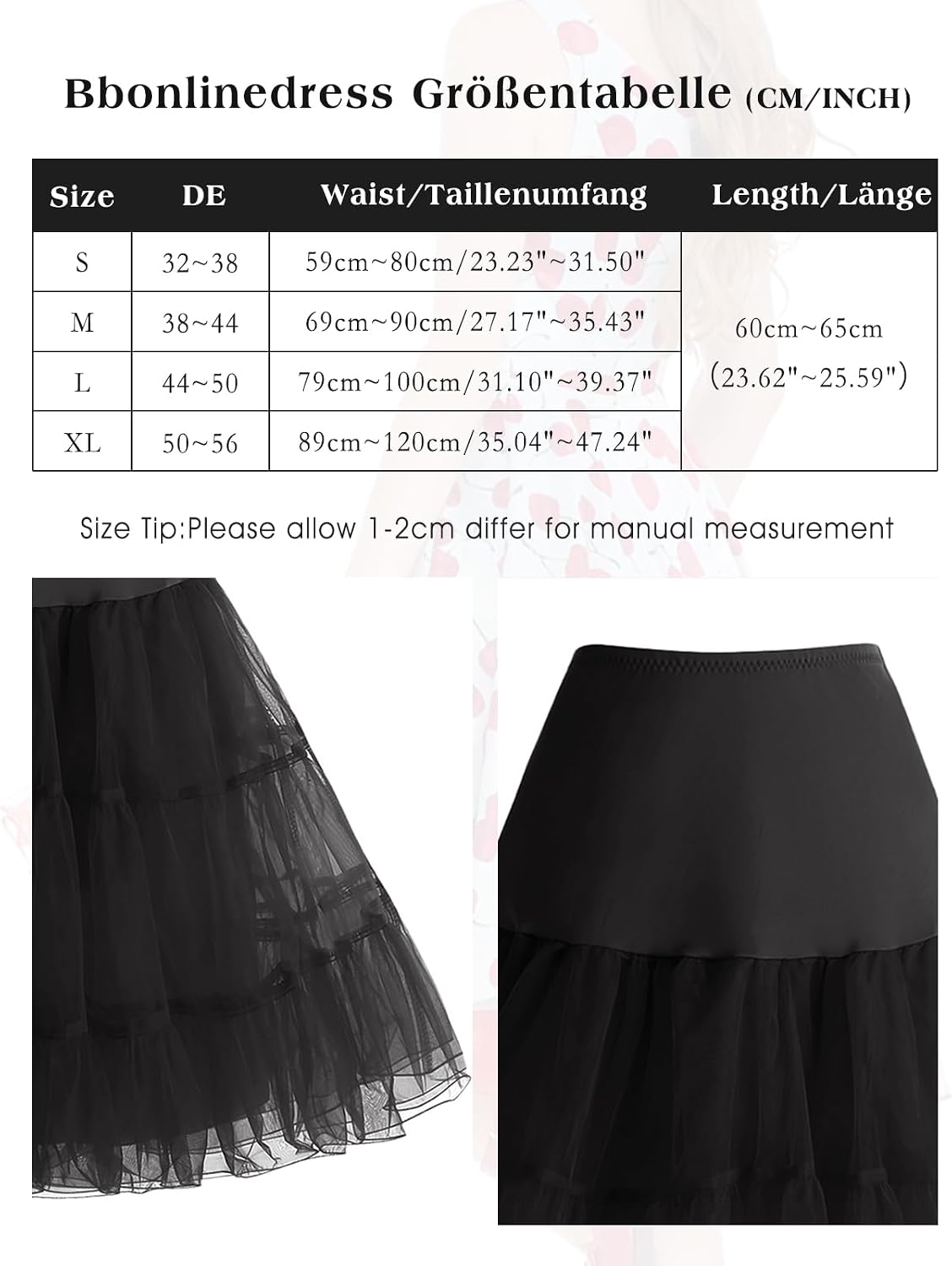 Jupon vintage évasé en organza — noir, cordon réglable