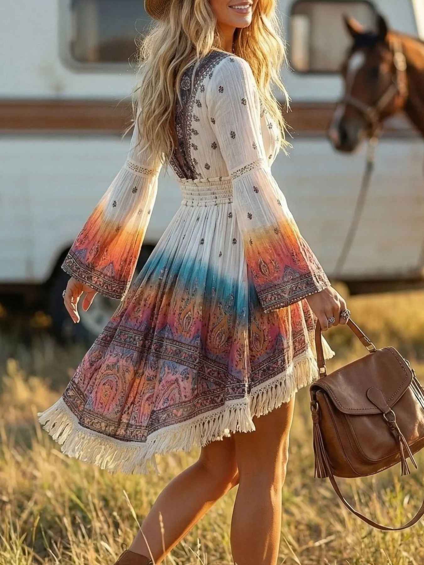 Robe blanche à col en V et ourlet à franges