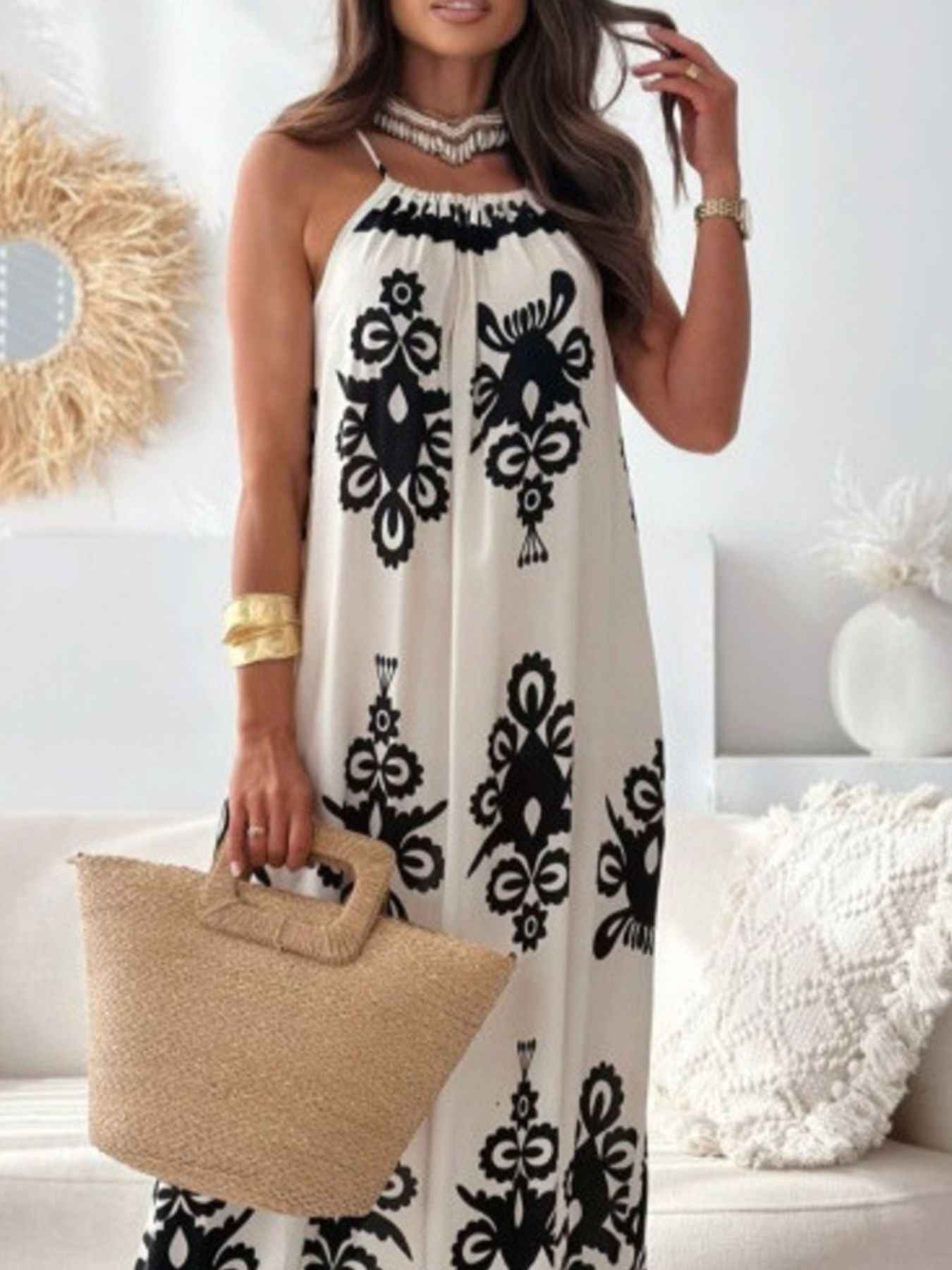 Robe maxi sans manches à imprimé