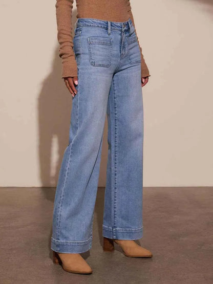 Jean taille haute à jambe large et poches plaquées