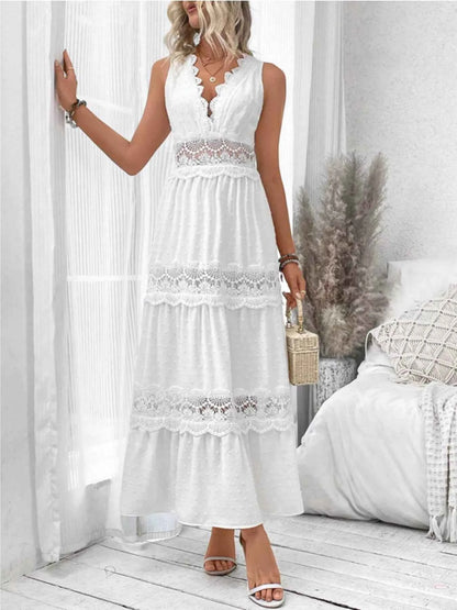 Robe longue sans manches à détails dentelle et dos noué