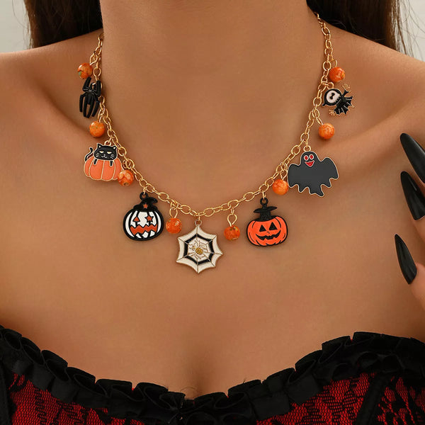 Collier pendentif doré 18K breloques émaillées Halloween citrouille chat fantôme