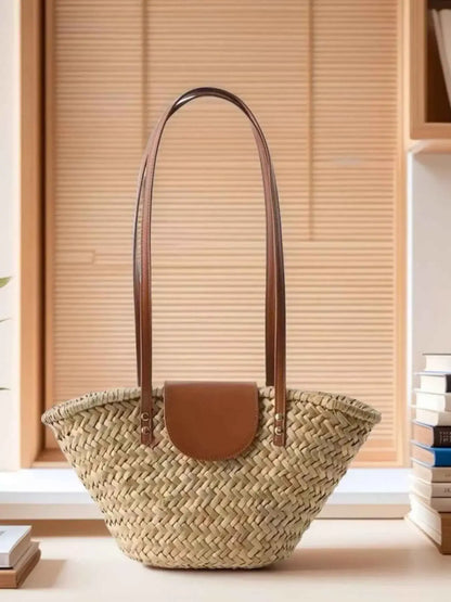 Sac à épaule en paille tressée et accents cuir
