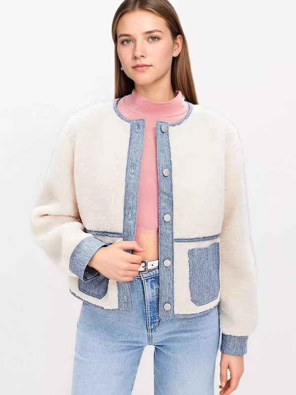 Veste teddy surpiqûres contrastantes — blanc