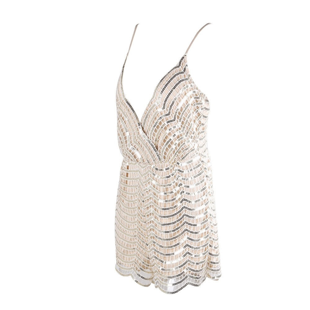 Combi-short sequins beige décolleté plongeant femme MyParisMonaco