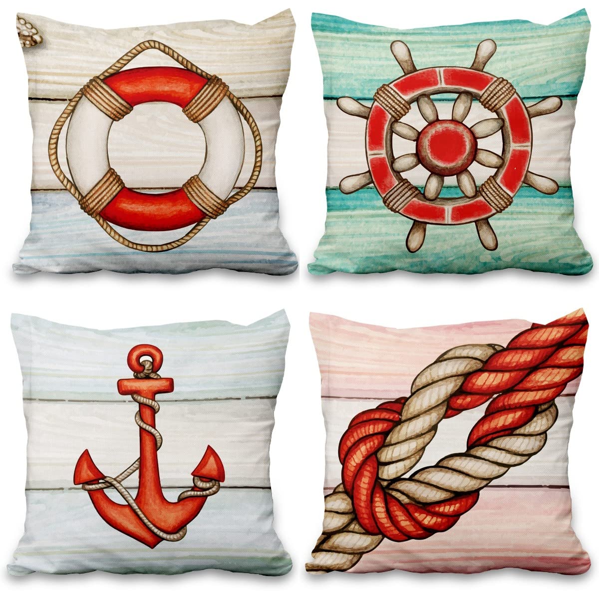 Lot de quatre housses de coussin nautiques effet lin