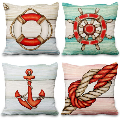Lot de quatre housses de coussin nautiques effet lin