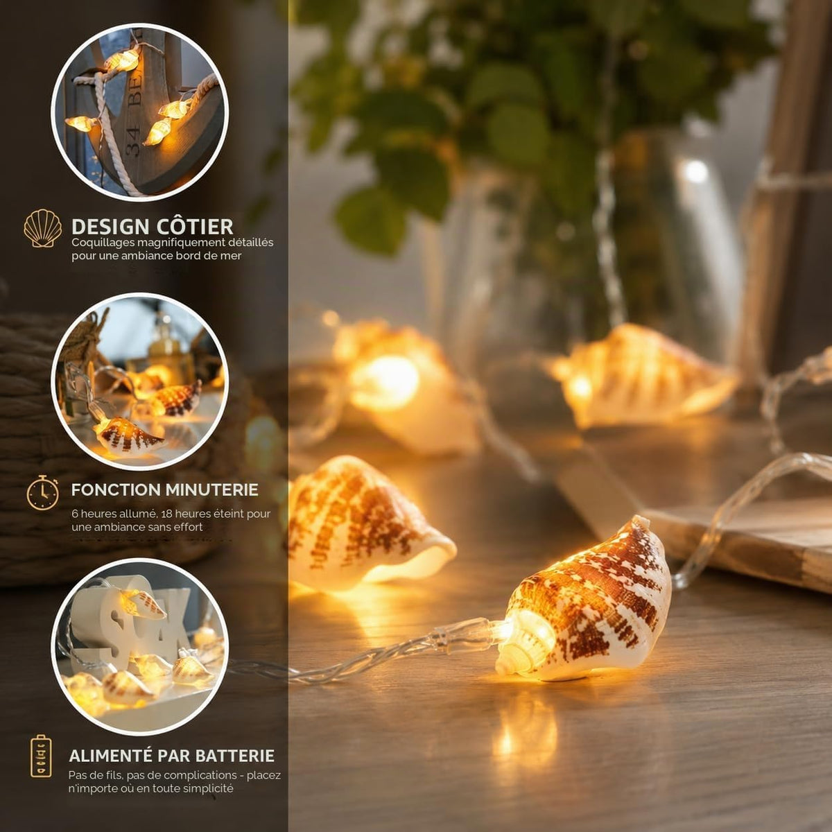 Guirlande lumineuse aux coquillages naturels — 10 LED blanc chaud, 1,50 m
