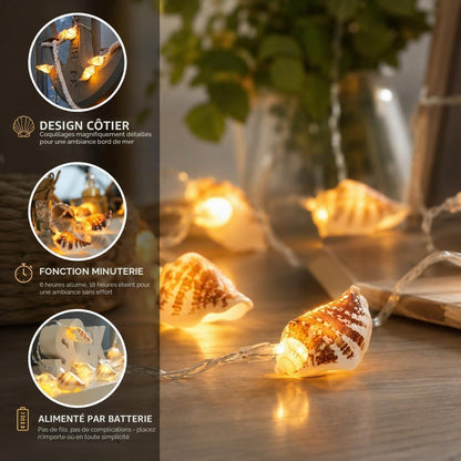 Guirlande lumineuse aux coquillages naturels — 10 LED blanc chaud, 1,50 m