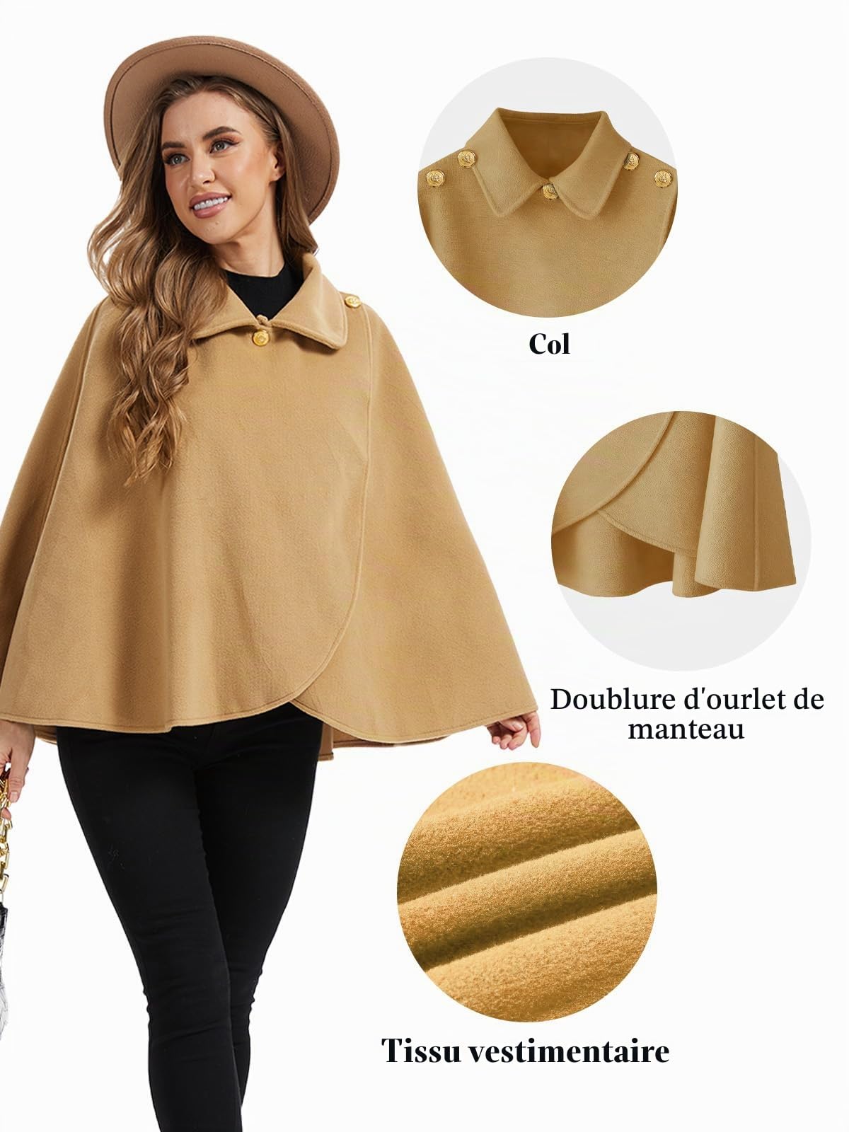 Cape châle femme hiver, fausse fourrure col à revers boutons vintage