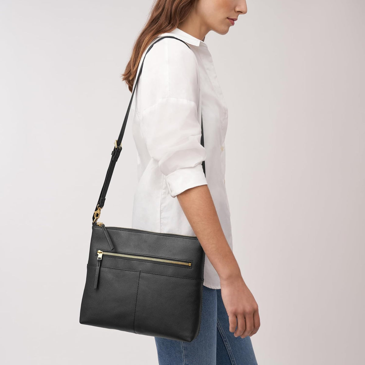 Sac bandoulière Fossil Fiona EW Crossbody — cuir, noir et rayures noires