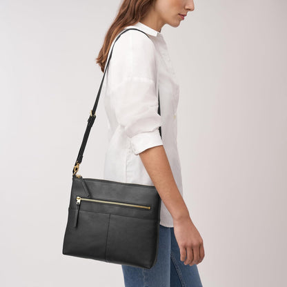 Sac bandoulière Fossil Fiona EW Crossbody — cuir, noir et rayures noires