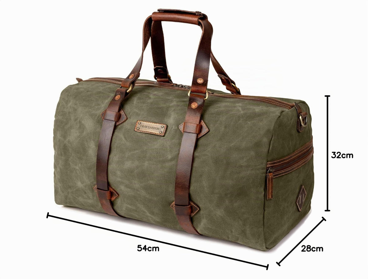 Sac de voyage Drakensberg modèle Cody, toile cirée et cuir de buffle tanndé végétal 50 L — bleu océan, kaki sable, vert forêt
