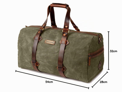 Sac de voyage Drakensberg modèle Cody, toile cirée et cuir de buffle tanndé végétal 50 L — bleu océan, kaki sable, vert forêt