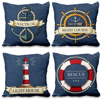 Lot de quatre housses de coussin nautiques effet lin