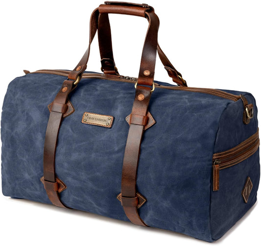 Sac de voyage Drakensberg modèle Cody, toile cirée et cuir de buffle tanndé végétal 50 L — bleu océan, kaki sable, vert forêt