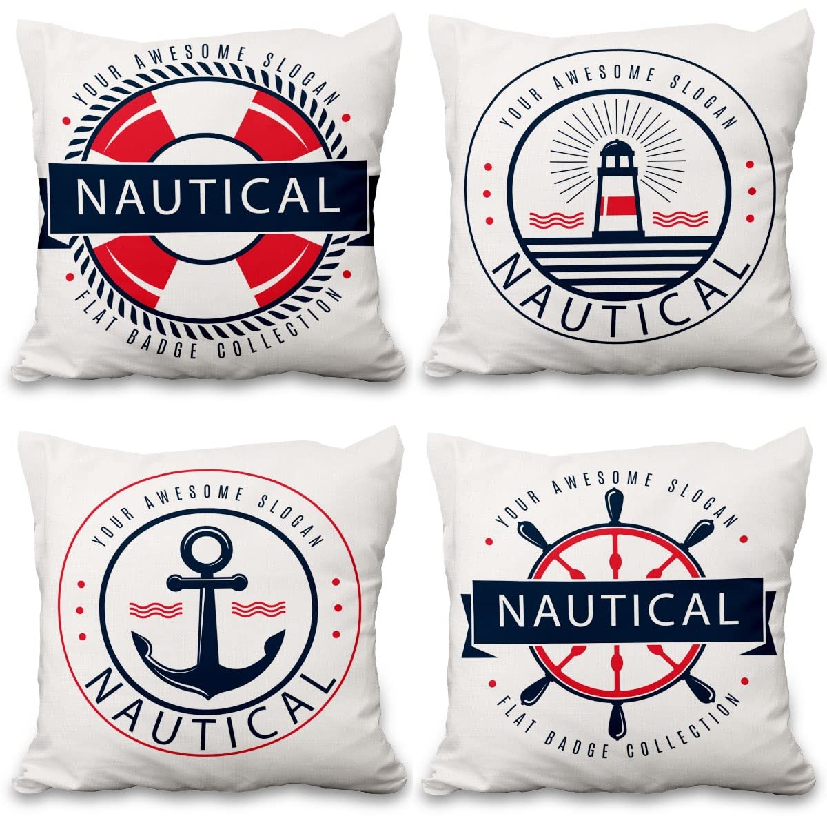 Lot de quatre housses de coussin nautiques effet lin
