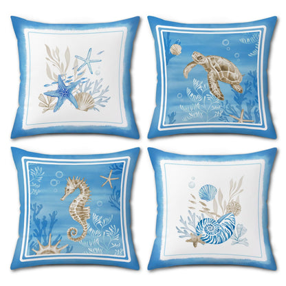 Lot de quatre housses de coussin en velours à motifs marins