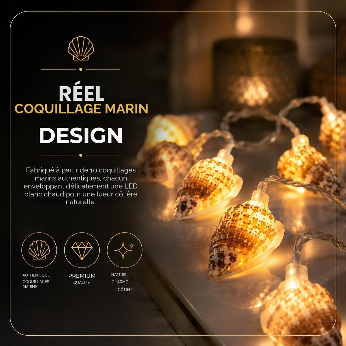 Guirlande lumineuse aux coquillages naturels — 10 LED blanc chaud, 1,50 m