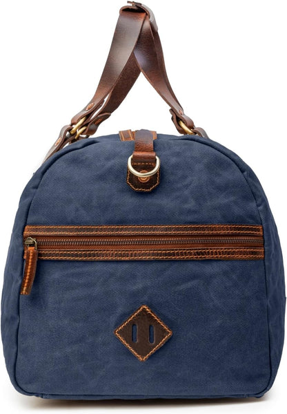 Sac de voyage Drakensberg modèle Cody, toile cirée et cuir de buffle tanndé végétal 50 L — bleu océan, kaki sable, vert forêt
