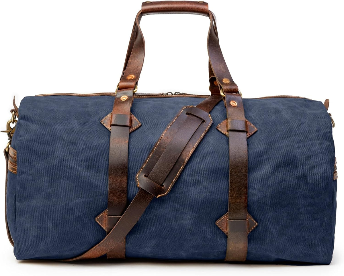 Sac de voyage Drakensberg modèle Cody, toile cirée et cuir de buffle tanndé végétal 50 L — bleu océan, kaki sable, vert forêt