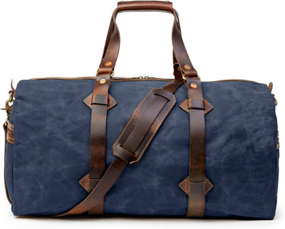 Sac de voyage Drakensberg modèle Cody, toile cirée et cuir de buffle tanndé végétal 50 L — bleu océan, kaki sable, vert forêt