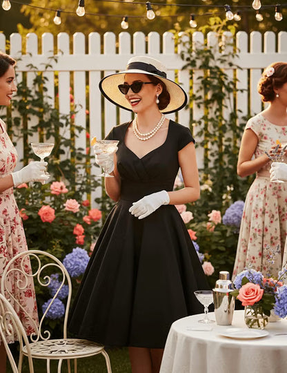 Robe vintage ligne A col en V — coton et élasthanne, noir