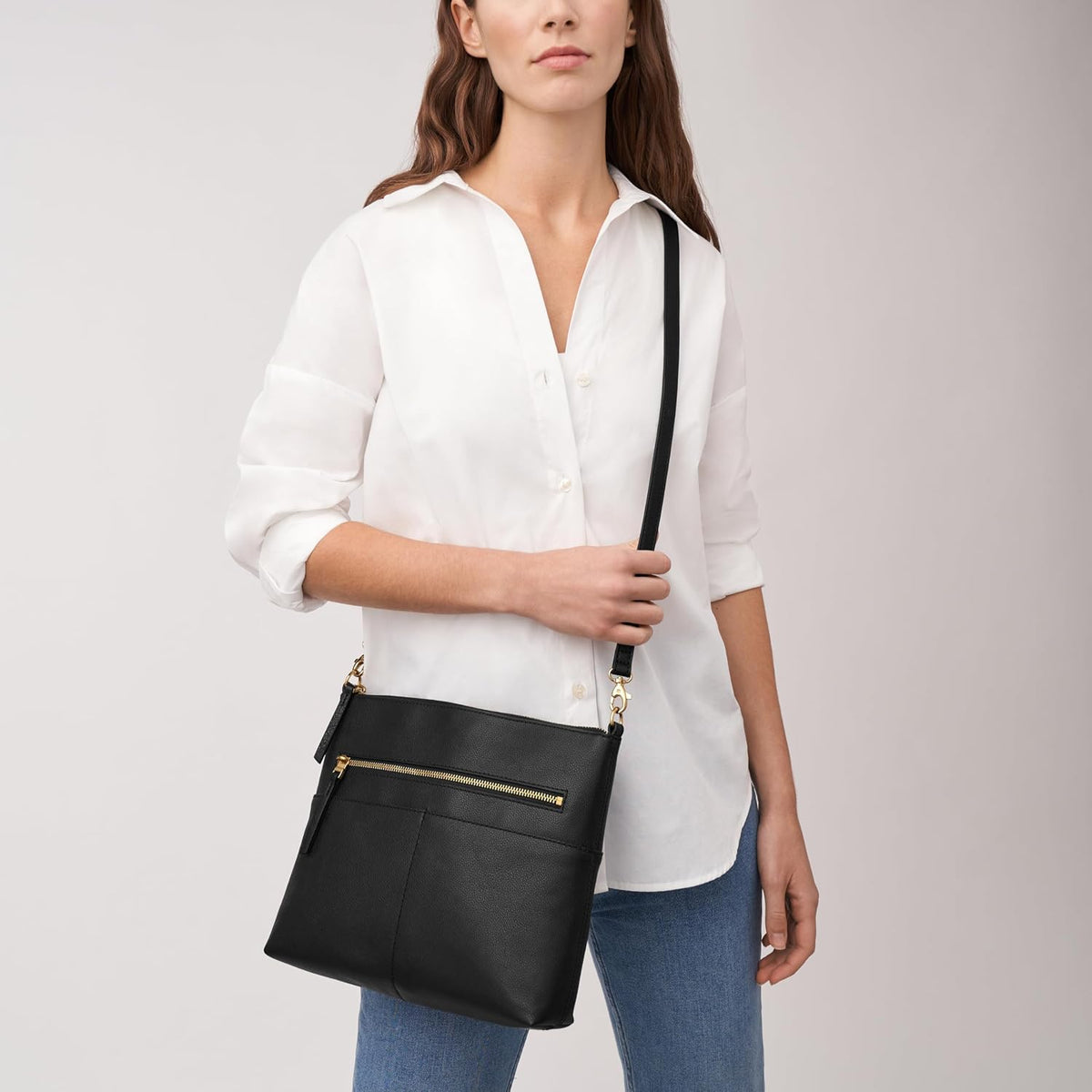 Sac bandoulière Fossil Fiona EW Crossbody — cuir, noir et rayures noires