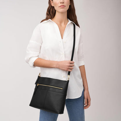 Sac bandoulière Fossil Fiona EW Crossbody — cuir, noir et rayures noires