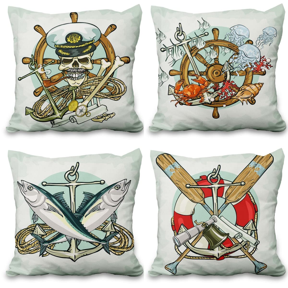 Lot de quatre housses de coussin nautiques effet lin