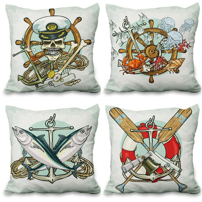 Lot de quatre housses de coussin nautiques effet lin