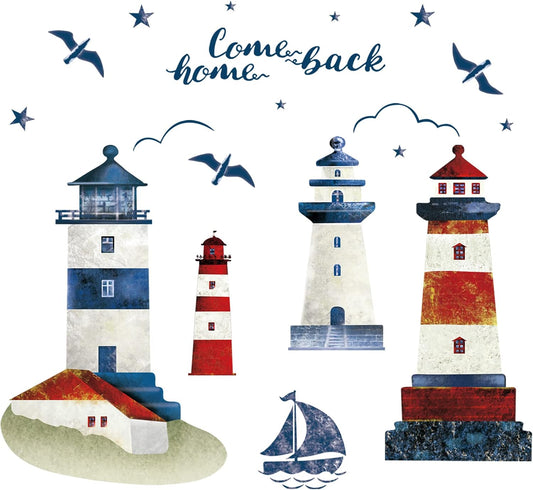 Stickers muraux phare et voilier, thème nautique