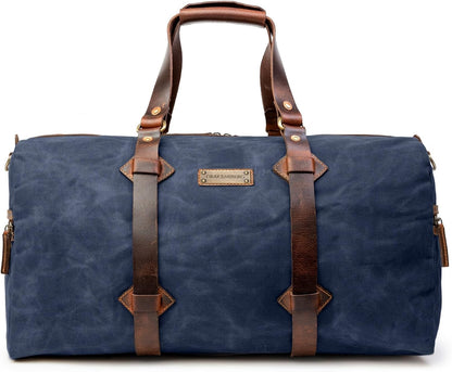 Sac de voyage Drakensberg modèle Cody, toile cirée et cuir de buffle tanndé végétal 50 L — bleu océan, kaki sable, vert forêt