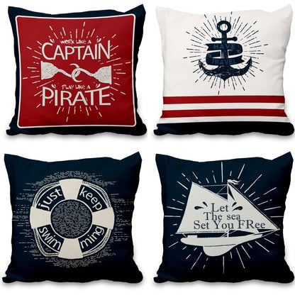 Lot de quatre housses de coussin nautiques effet lin