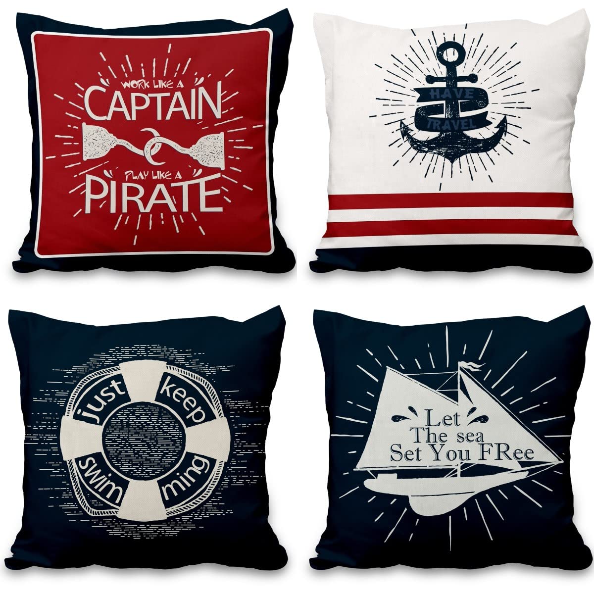 Lot de quatre housses de coussin nautiques effet lin