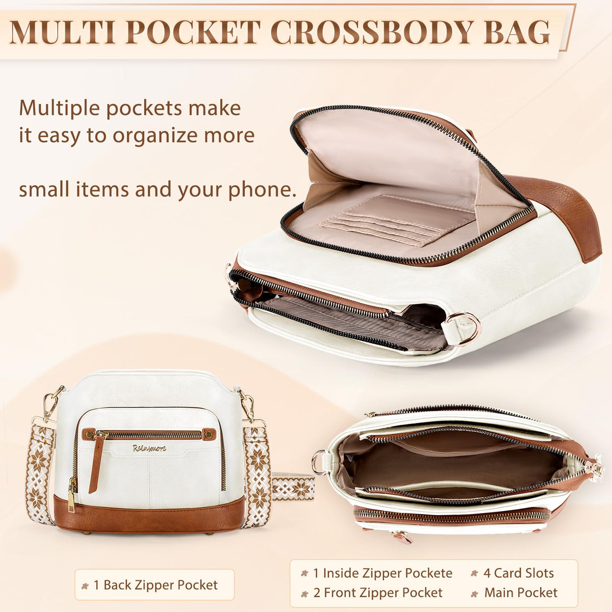 Sac bandoulière cuir PU tressé vintage Rainsmore — 21 poches, 3 ports, 4 coloris