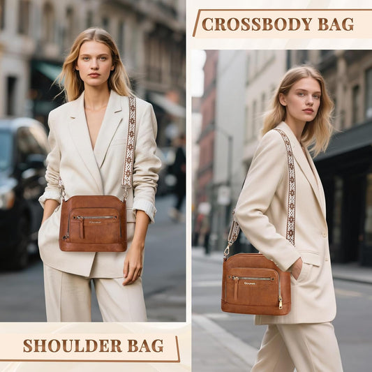 Sac bandoulière cuir PU tressé vintage Rainsmore — 21 poches, 3 ports, 4 coloris